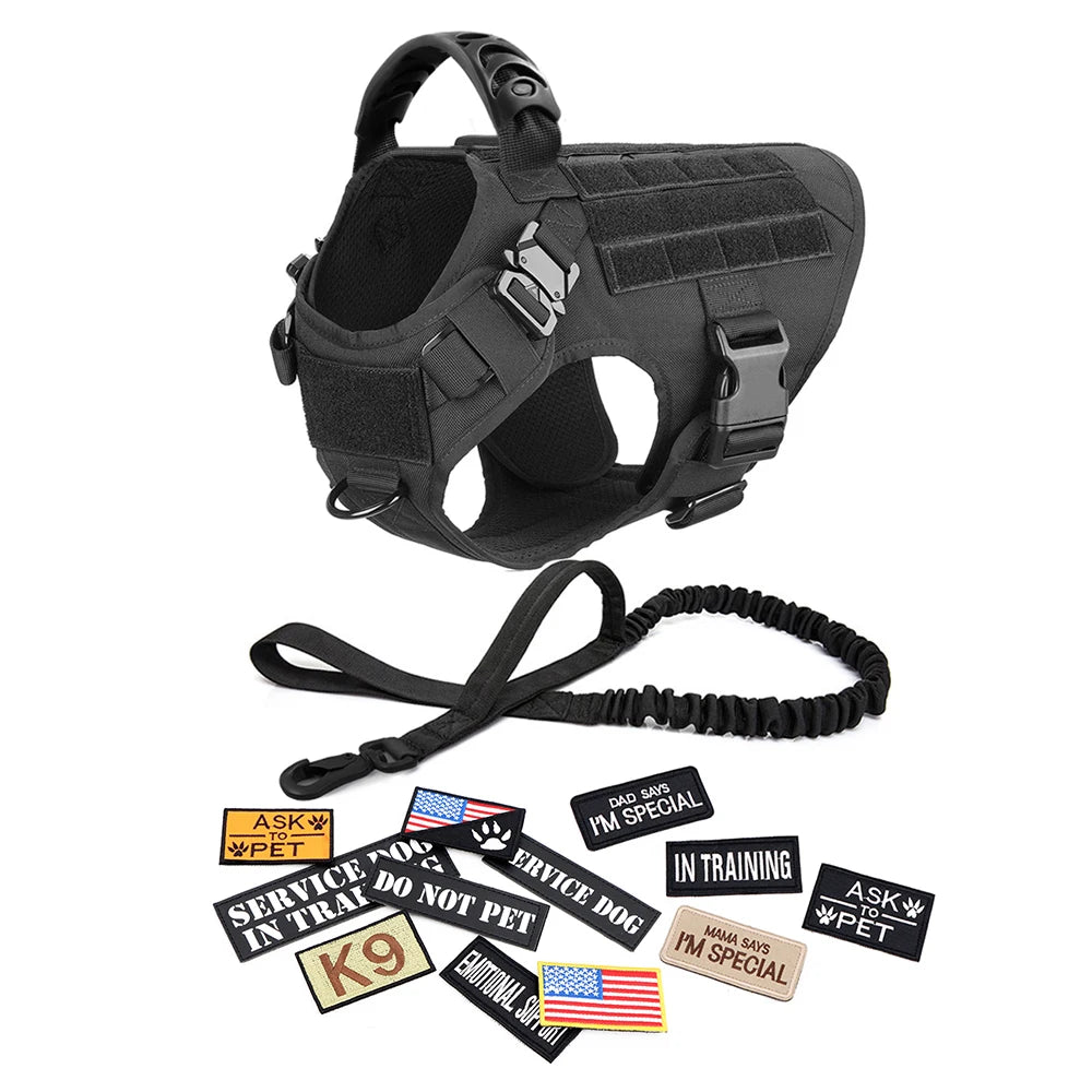 Large Dog Harness Collar Leash Bags Patches Set Training Vests Tactical Dogs