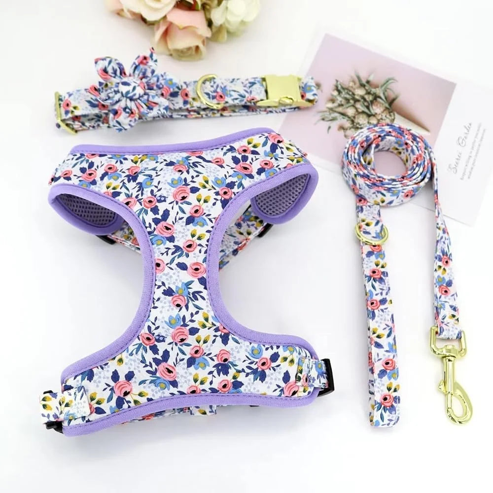 Dog Harness Leash Collar Set Adjustable Floral Soft Mesh Pet Vest