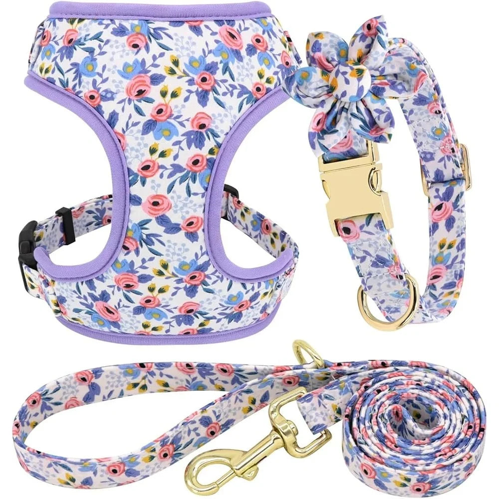 Dog Harness Leash Collar Set Adjustable Floral Soft Mesh Pet Vest