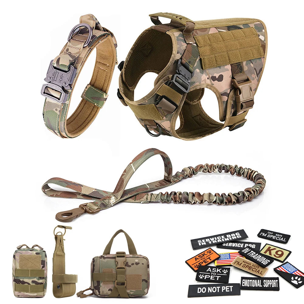 Large Dog Harness Collar Leash Bags Patches Set Training Vests Tactical Dogs