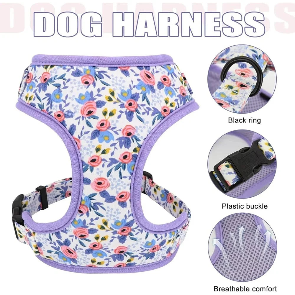 Dog Harness Leash Collar Set Adjustable Floral Soft Mesh Pet Vest