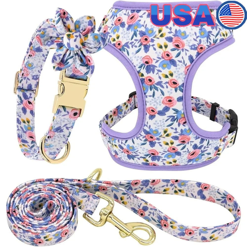 Dog Harness Leash Collar Set Adjustable Floral Soft Mesh Pet Vest