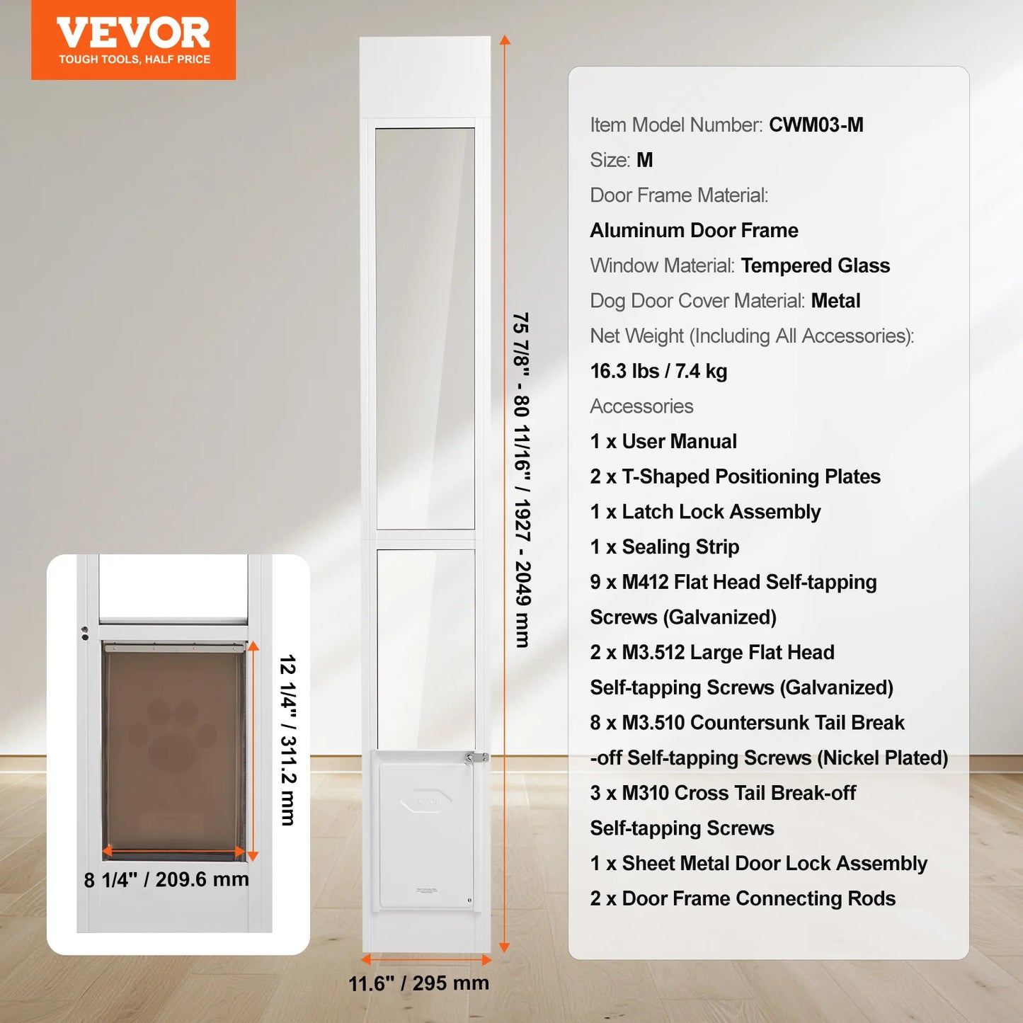 VEVOR Dog Door Sliding Glass Door Adjustable Height Doggy Door