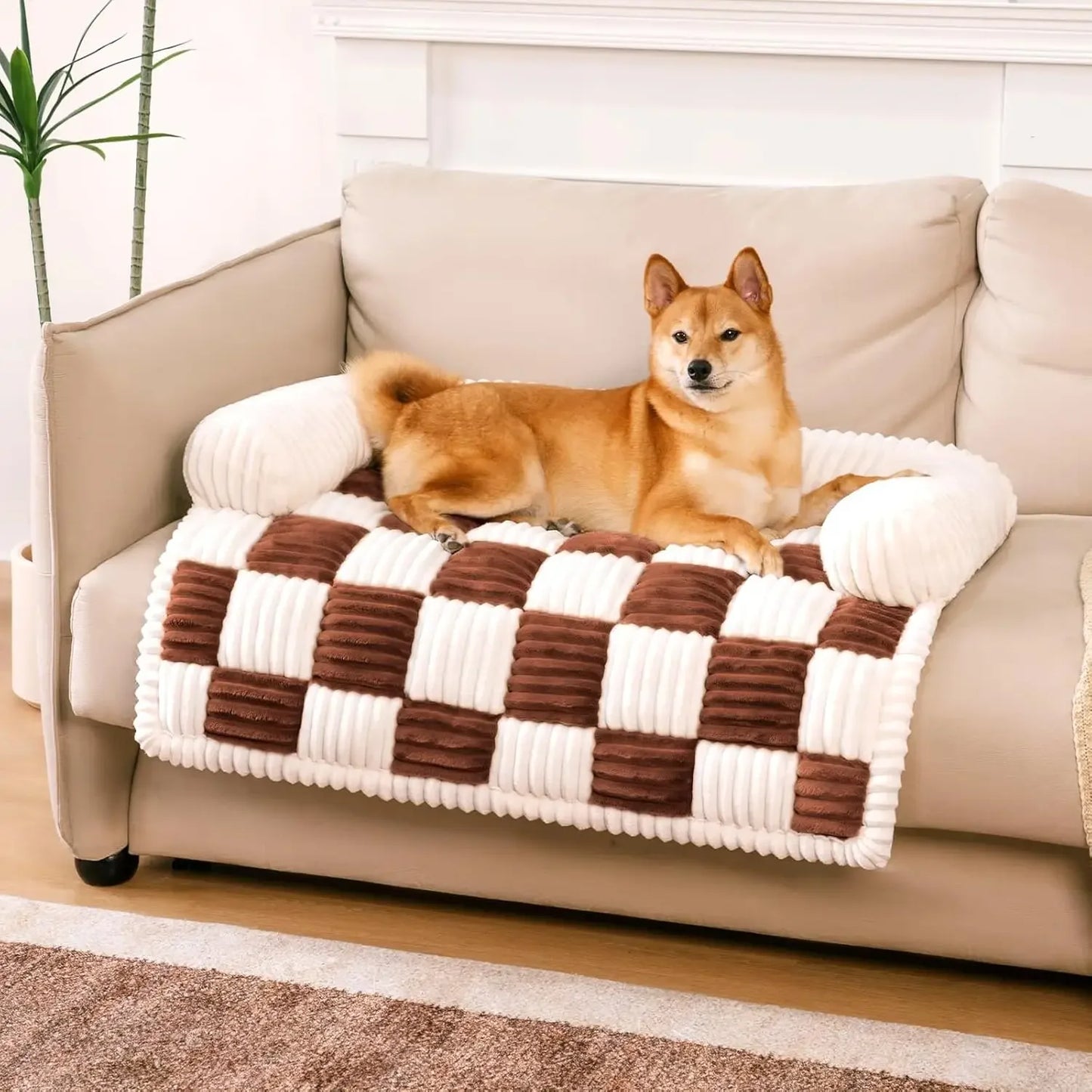 Pet Mat for Furniture Cream Square Plaid  Couch Cover