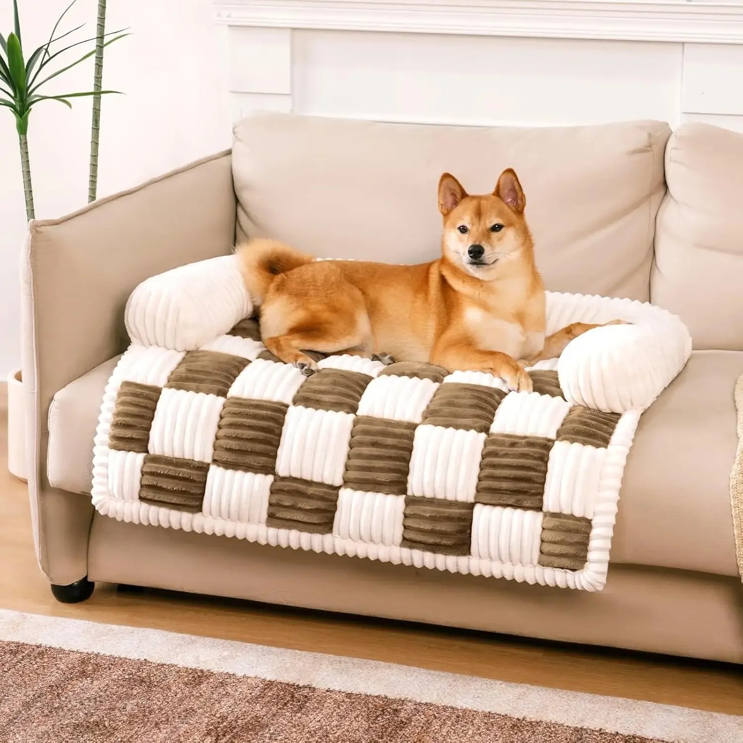 Pet Mat for Furniture Cream Square Plaid  Couch Cover
