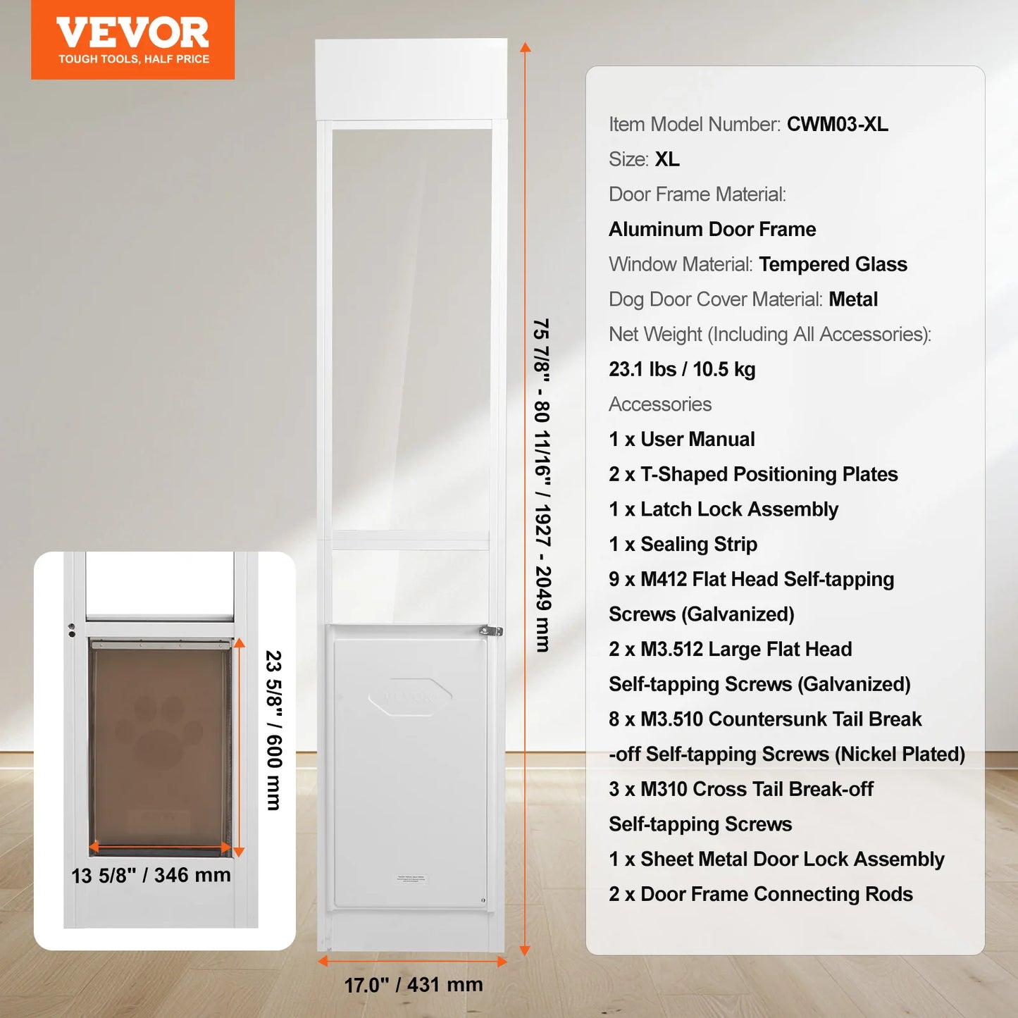 VEVOR Dog Door Sliding Glass Door Adjustable Height Doggy Door