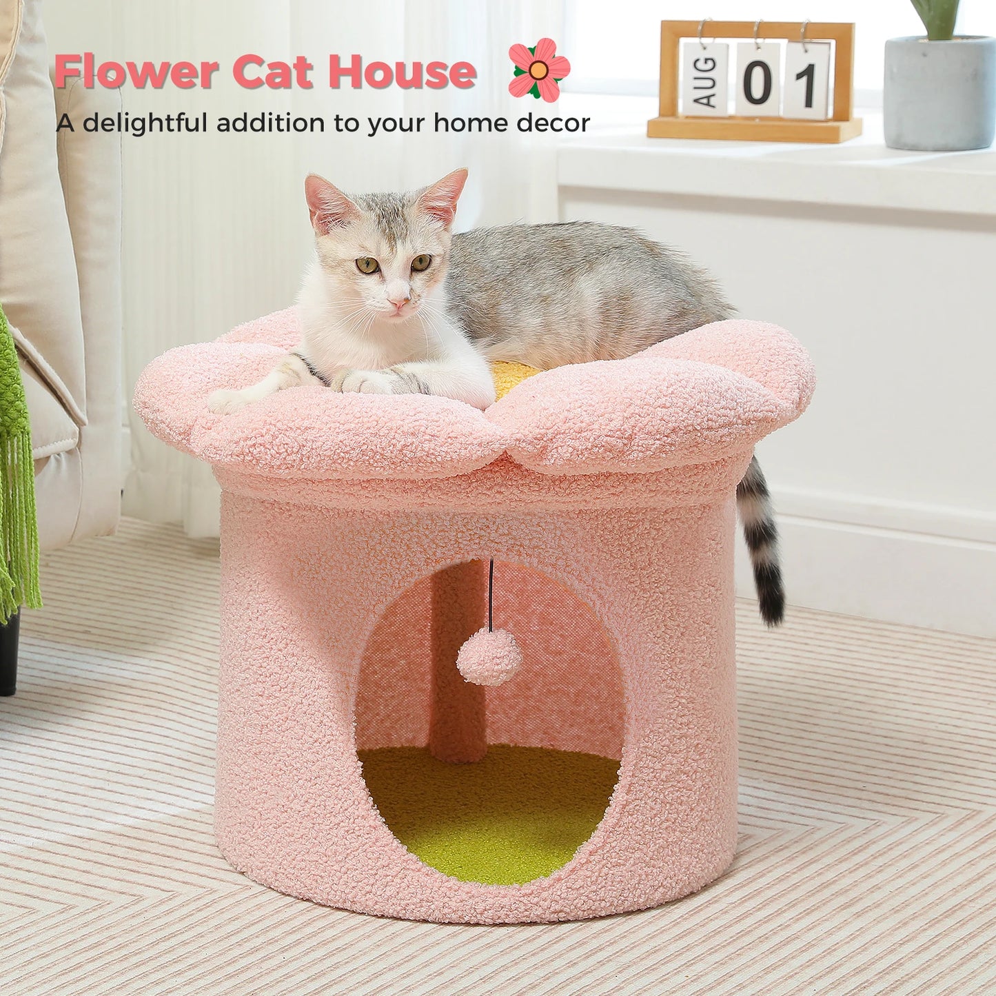 Large Cat House with Removable Flower Cat Bed,
