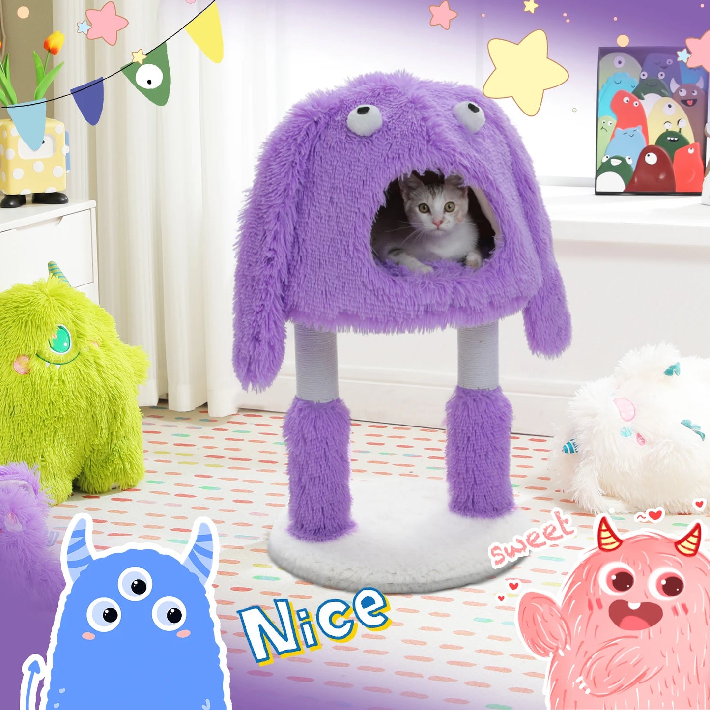 Monster Series Cat Tree Tower Funny Ears and Eyes Purple
