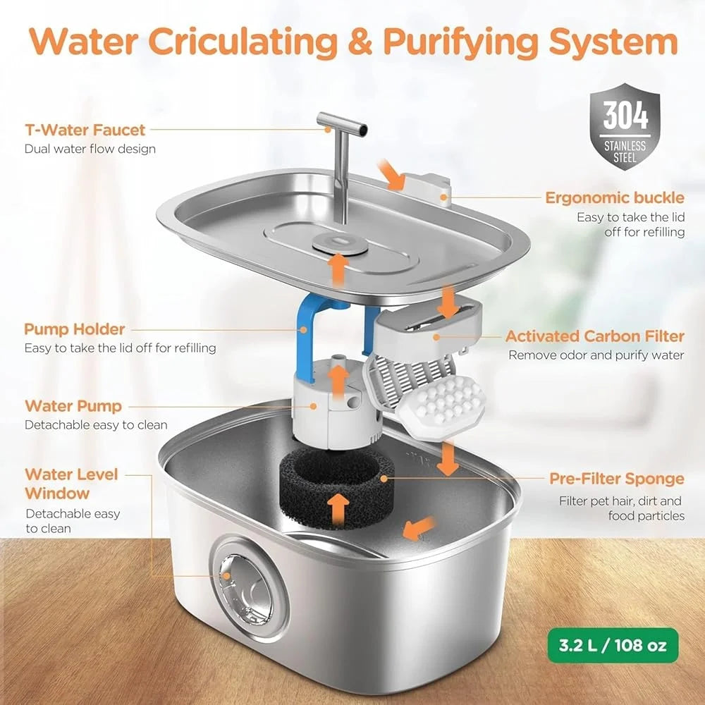 Stainless Steel Cat Water Fountain 3.2L