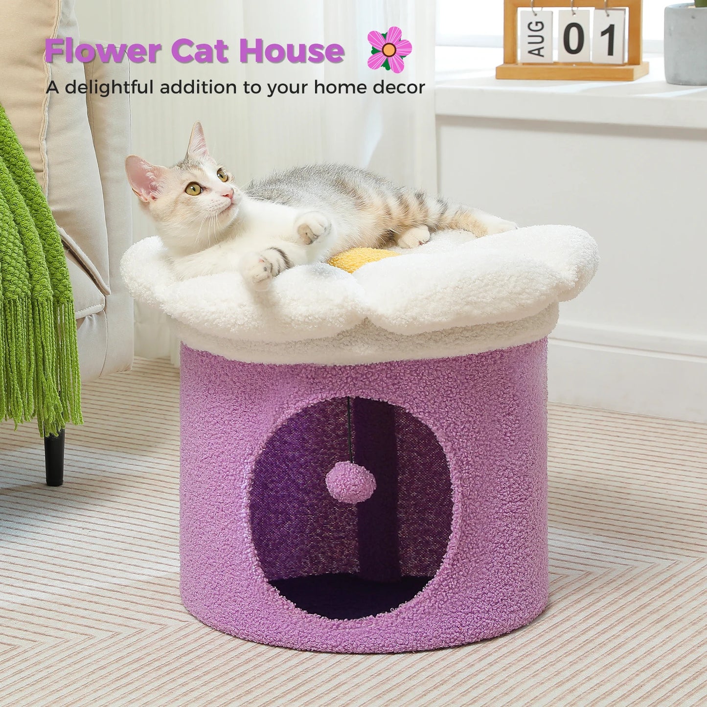 Large Cat House with Removable Flower Cat Bed,