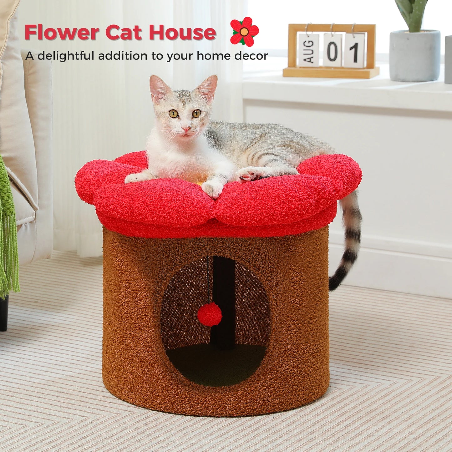 Large Cat House with Removable Flower Cat Bed,