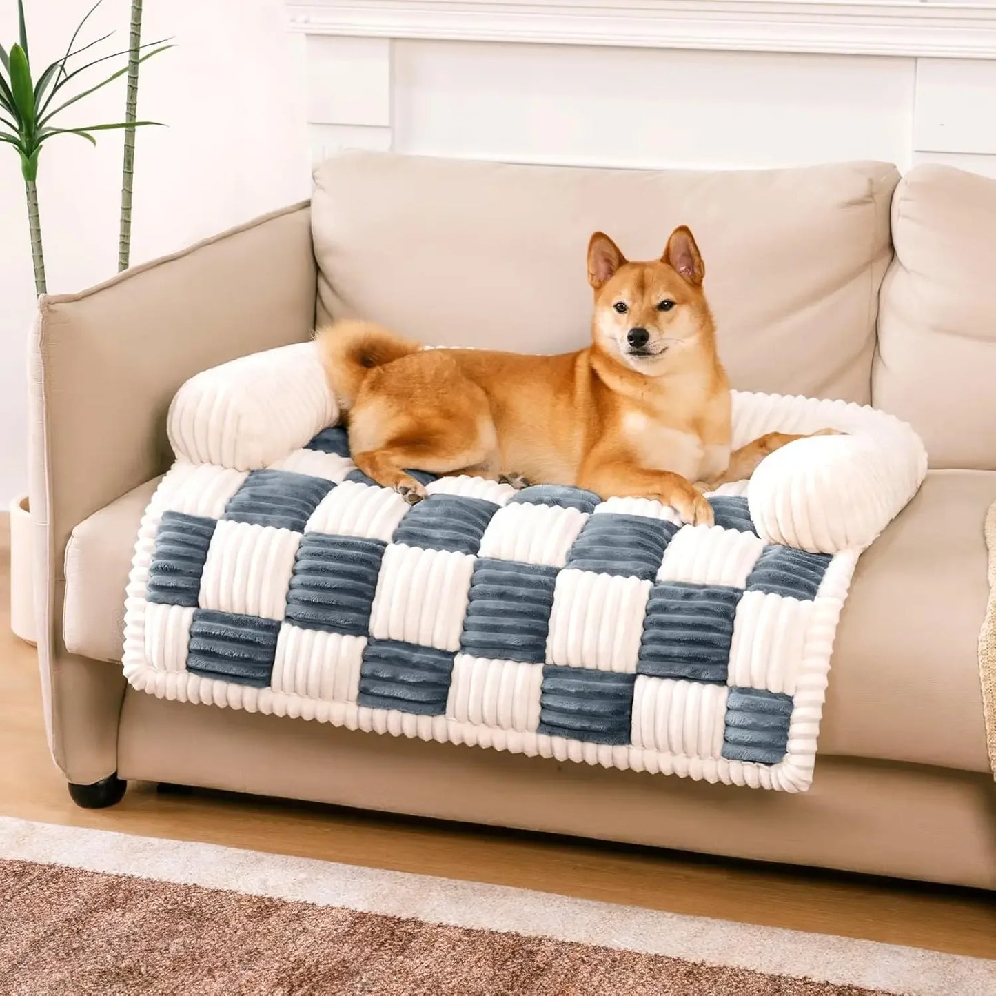 Pet Mat for Furniture Cream Square Plaid  Couch Cover