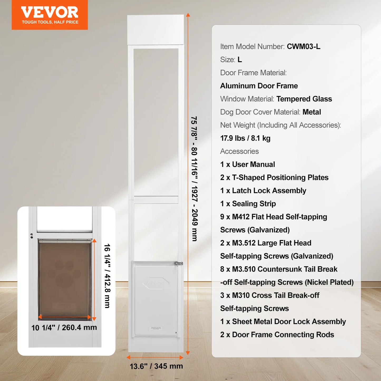 VEVOR Dog Door Sliding Glass Door Adjustable Height Doggy Door