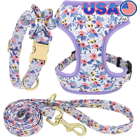 Dog Harness Leash Collar Set Adjustable Floral Soft Mesh Pet Vest